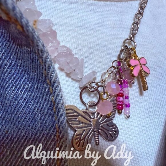 Baby pink multi charms necklace with pink quartz - Picture 2 of 3